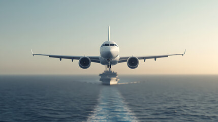 Fototapeta premium An airliner is flying toward an aircraft carrier. The airliner is viewed head on and appears to be landing on the aircraft carrier, which is creating a water wake.