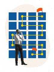 Colorful collage of businessman exploring decision map with yellow path and flag. Concept of...