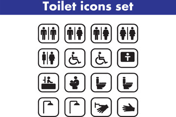 Toilet icons set, common male female restroom, handicap wheelchair access, sanitizer liquid soap, WC direction, baby changing table room, toilet signs, WC signs collection