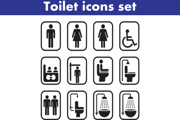 Toilet icons set, common male female restroom, handicap wheelchair access, sanitizer liquid soap, WC direction, baby changing table room, toilet signs, WC signs collection
