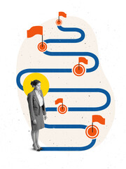 Digital collage of woman in suit standing before winding road with multiple red flags. Concept of...