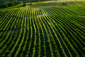 Fototapeta premium Aerial view of lush green vineyard rows perfectly