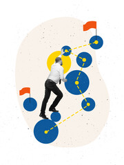 Creative colorful artwork of man climbing dotted path of blue circles toward red goal flag. Concept...