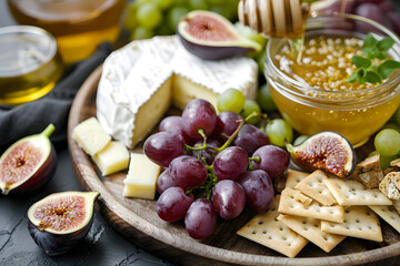 Artisan cheese board with grapes figs crackers