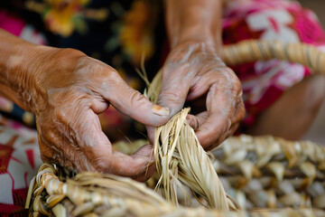 Basket weaver braiding natural fibers by hand clo
