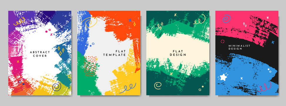 Vector illustration. Bright background. Paint brush strokes and hand drawn doodle elements. Trendy abstract color design for book cover, brochure, magazine, poster, flyer. Colorful childish style