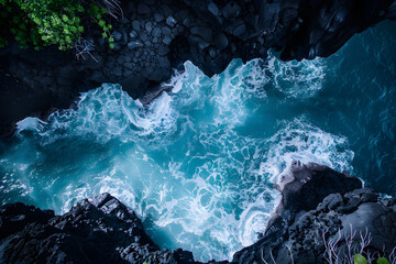 Birds eye view of sharp black volcanic rocks meet