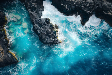 Birds eye view of sharp black volcanic rocks meet