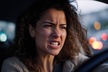 Frustrated young woman showing anger and stress while driving in traffic with tense facial expression