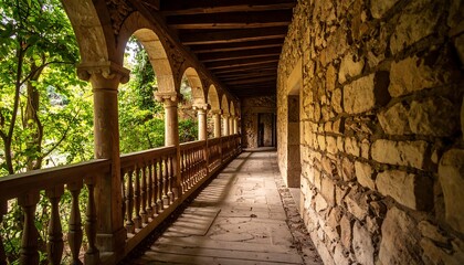 Obraz premium Ancient stone corridor with wooden balcony