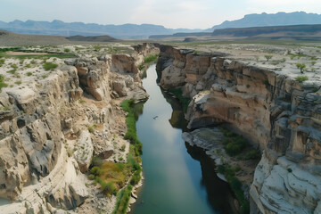 Canyon river carving through desert rock formatio