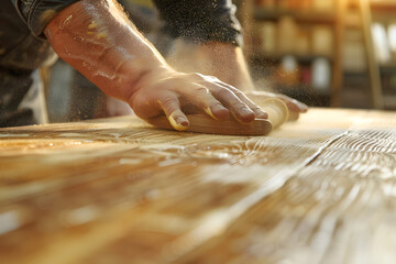Carpenter hand sanding wooden tabletop visible