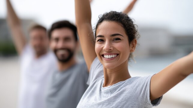 Smiling woman is stretching arms with friends enjoying summer travel and vacation at campground, promoting health and wellness during camping trip
