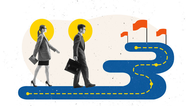 Bright collage of businesswoman and businessman walking on roadmap with flags. Concept of strategic planning, career growth, business coaching, investment goals, training.