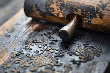 Close-up of linocut printing block with roller