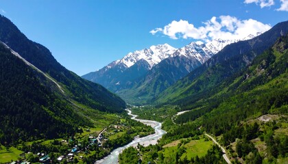 Obraz premium Mountain valley, lush greenery, winding river, snow-capped peaks