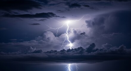 Dramatic lightning strike illuminates a stormy sky.