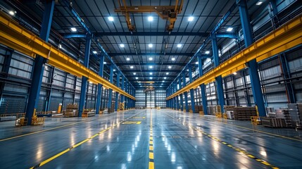 Large warehouse interior yellow crane rails atop blue beams, echoing lines on floor, perspective vanishing point