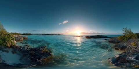 Fototapeta premium Stunning hdr 360-degree panorama of tranquil ocean sunset caribbean beach nature scene