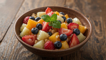 Delicious fresh fruit salad with strawberries, blueberries, pineapple and orange slices