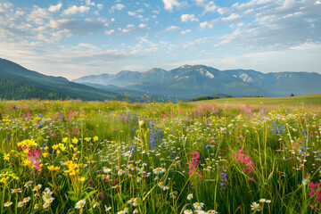 Fototapeta premium Colorful wildflower meadow in springtime with dis
