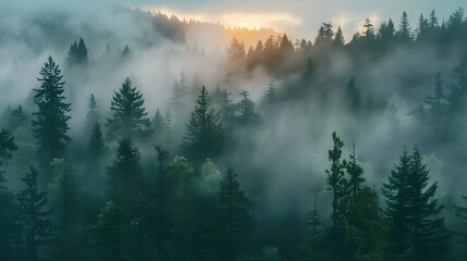 Dense misty pine forest with layers of trees fadi