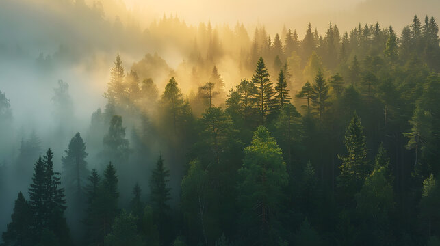 Dense misty pine forest with layers of trees fadi - Powered by Adobe