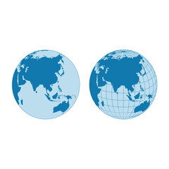 Two identical stylized globes showing asia and europe on a white background