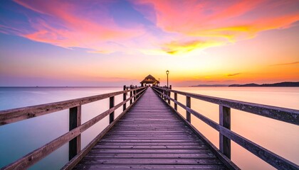 A serene wooden pier extending over the calm ocean towards a vibrant and colorful sunset, creating a tranquil and picturesque coastal scene