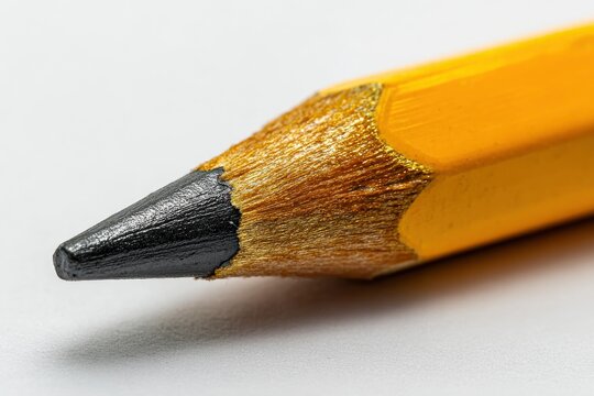 A yellow pencil sharpened to a fine point with a black graphite core exposed lays on a white surface casting a subtle shadow