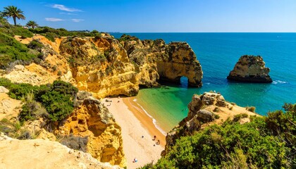 Idyllic summer paradise on a European coastline with golden cliffs, a natural arch, and turquoise ocean.