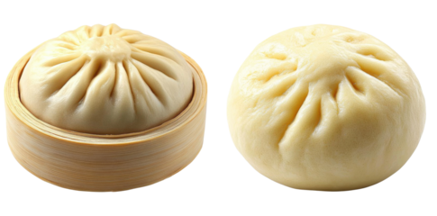 steamed buns, baozi with bamboo steamer on white background.