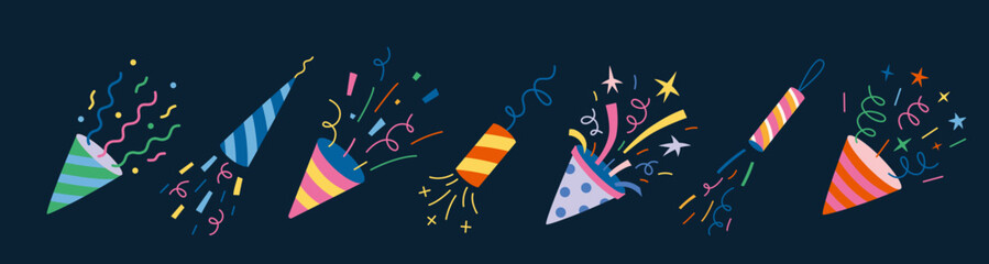 Party popper and Festive firecracker set. Exploding Confetti, streamers, sparks and colorful celebration elements. Trendy modern vector illustration isolated on dark background, hand drawn, flat