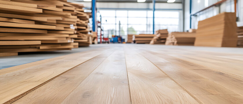 Planks of wood stacked in a warehouse for carpentry. Smooth planks with wood grain detail in a storage area. Interior with finished lumber materials.