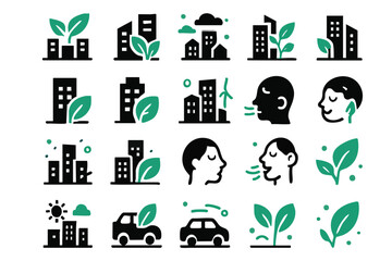 Eco-friendly city icons: a collection of 20 vector illustrations depicting green buildings, clean air, and sustainable transportation, ideal for environmental projects and eco-conscious branding.