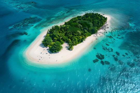 Drone shot of tropical island with white sand bea