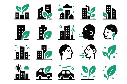 Eco-friendly city icons: a collection of 20 vector illustrations depicting green buildings, clean air, and sustainable transportation, ideal for environmental projects and eco-conscious branding.
