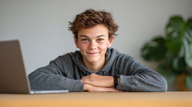 Portrait of a smiling teenager sitting at a table with a laptop, enjoying remote learning or homeschooling in a comfortable and casual setting