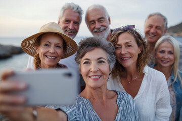 Fototapeta premium Group of happy mature friends taking a selfie together outdoors by the sea on a sunny day