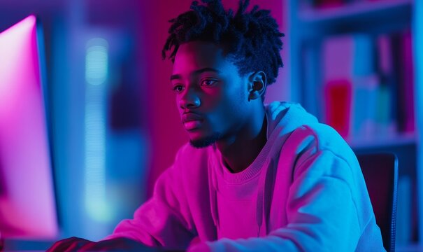 Inclusive image of a Black IT school student studying at a computer, learning digital code, online software, AI, cyber security threats, artificial intelligence, cyberspace data coding, Generative AI