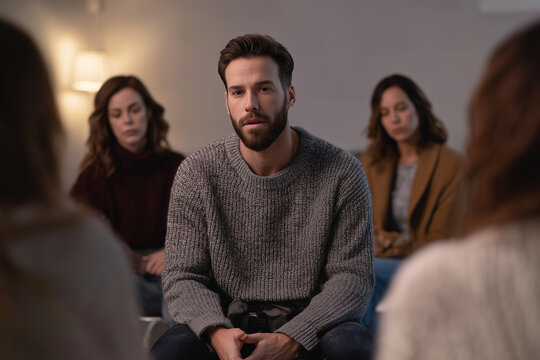 Young man sharing his story during a group therapy session with attentive participants in a cozy room