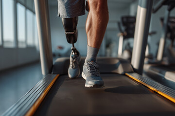 Close-up of a person with a prosthetic leg running on a treadmill in a modern gym, symbolizing strength and perseverance