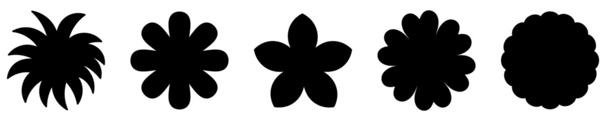 Flower collection. Flower inflorescence. Silhouette. Chrysanthemum, chamomile, cornflower, narcissus, gerbera. Vector illustration. Isolated white background. Idea for web design.