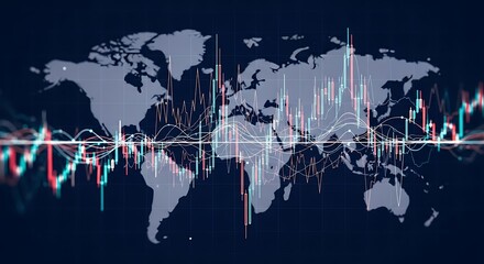 Global financial market trends overlaid on a world map.