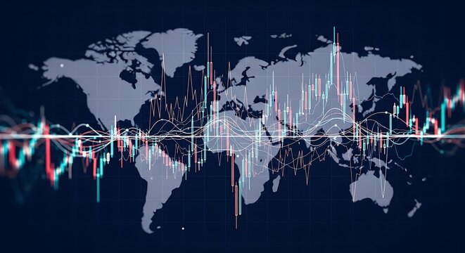 Global financial market trends overlaid on a world map.