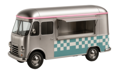 Food truck with a retro diner aesthetic and checkerboard pattern