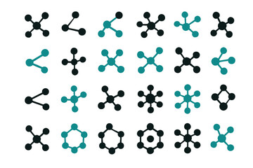 A collection of interconnected dot designs in various arrangements and colors, perfect for illustrating concepts of connection, networking, and data visualization on a white background.
