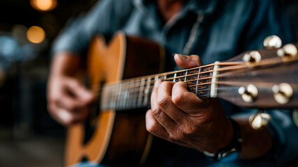 Fototapeta premium Close up of a person playing a wooden acoustic guitar with warm lighting and shallow depth of field for a focused musical shot.