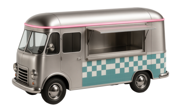 Food truck with a retro diner aesthetic and checkerboard pattern