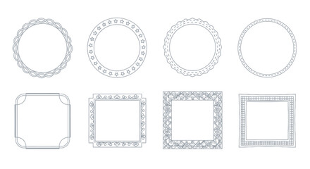 Various decorative frames in circular and square shapes, detailed and isolated.